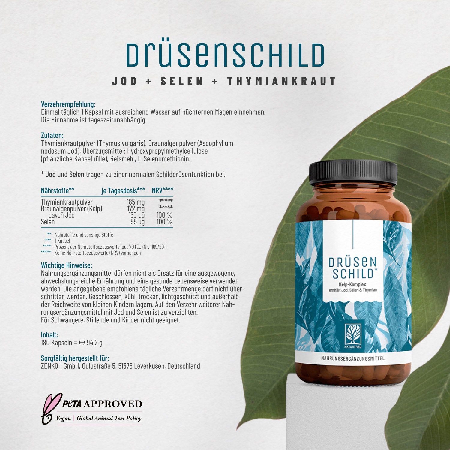 Braune Flasche "drüsen schild" mit schwarzem Deckel. Aufschrift "drüsen schild" und "Jod + Selen + Thymiankraut". PETA-Logo.