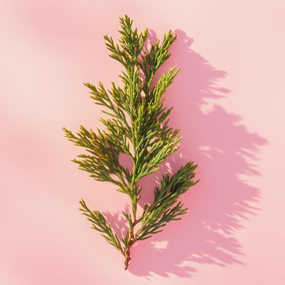 Grüner Zweig mit Nadeln auf rosa Hintergrund mit Schatten.