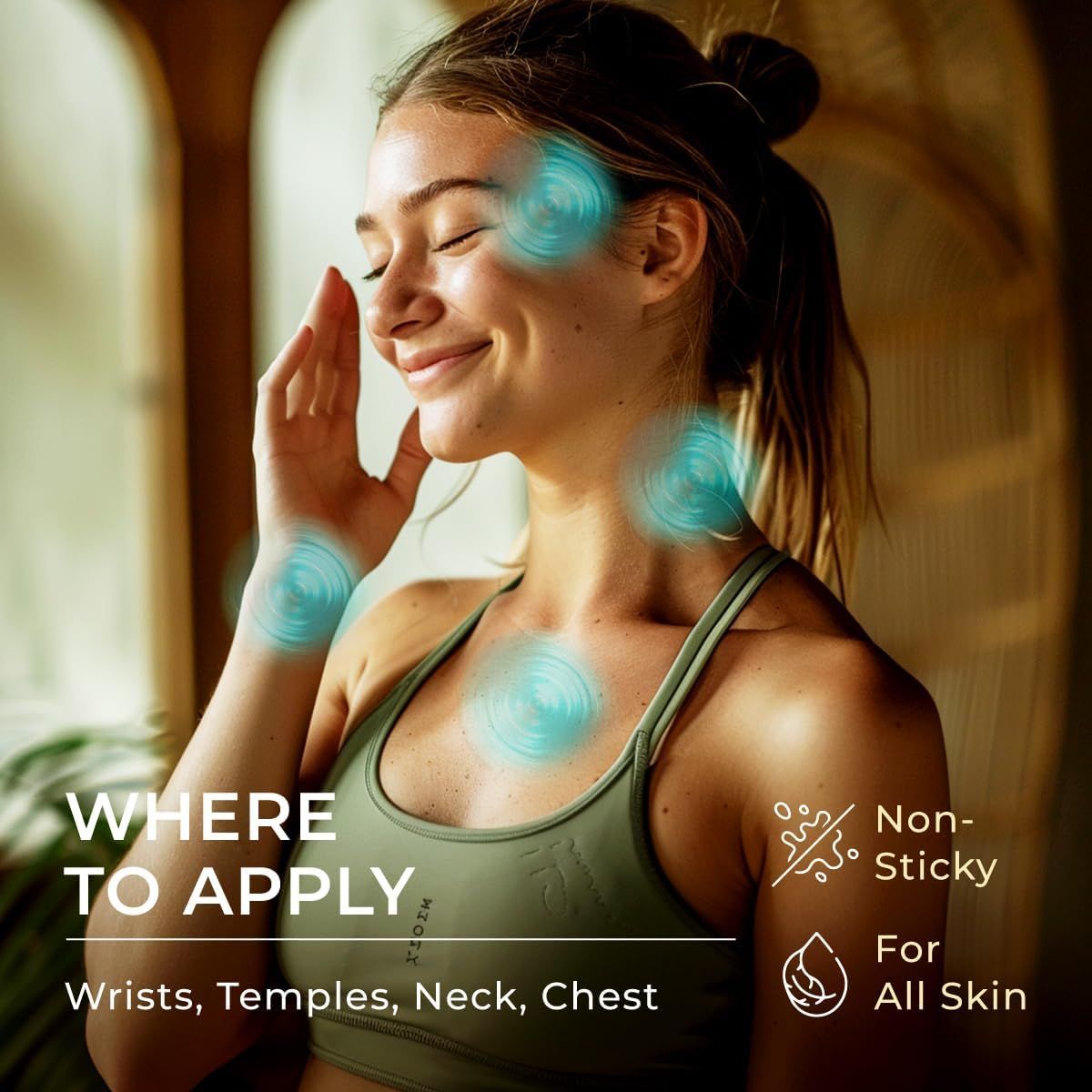 Frau mit blauen Kreisen auf Gesicht und Hals. Text: Wo auftragen: Handgelenke, Schläfen, Hals, Brust.