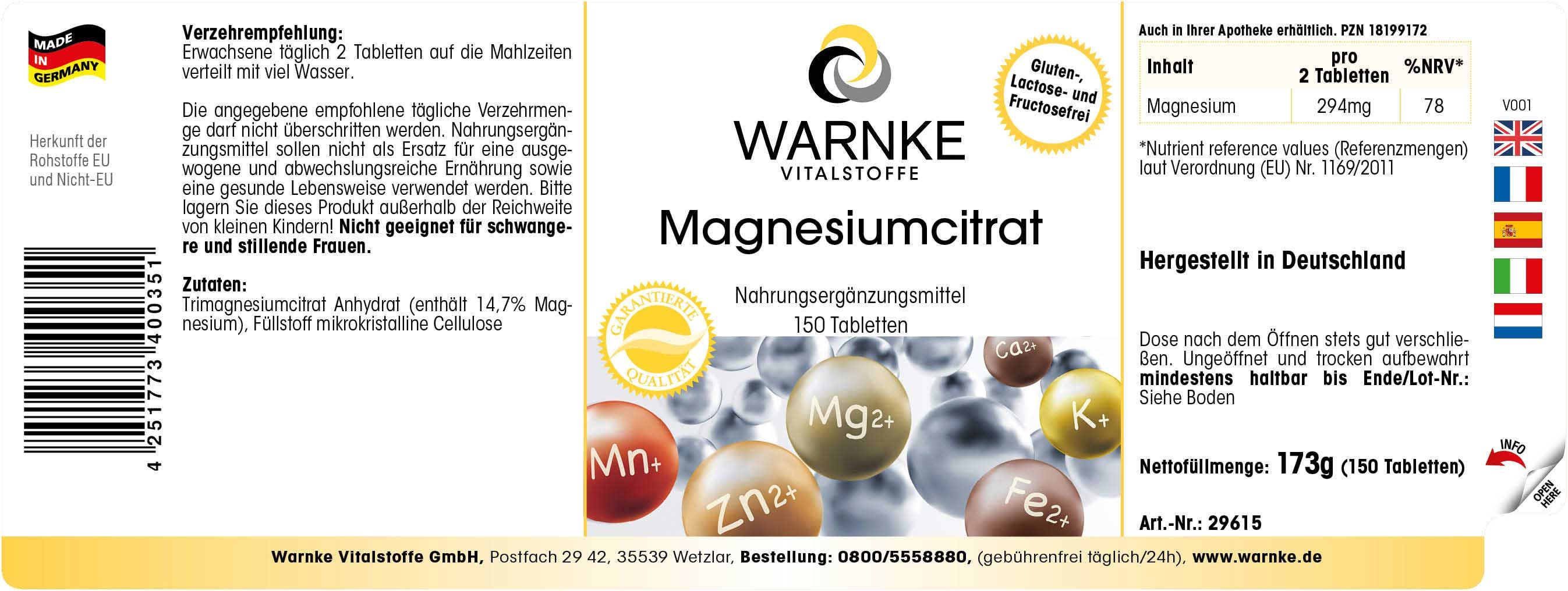 Etikett der Magnesiumcitrat-Tabletten. Aufschrift: Warnke Vitalstoffe, Magnesiumcitrat, 150 Tabletten. Hergestellt in Deutschland.