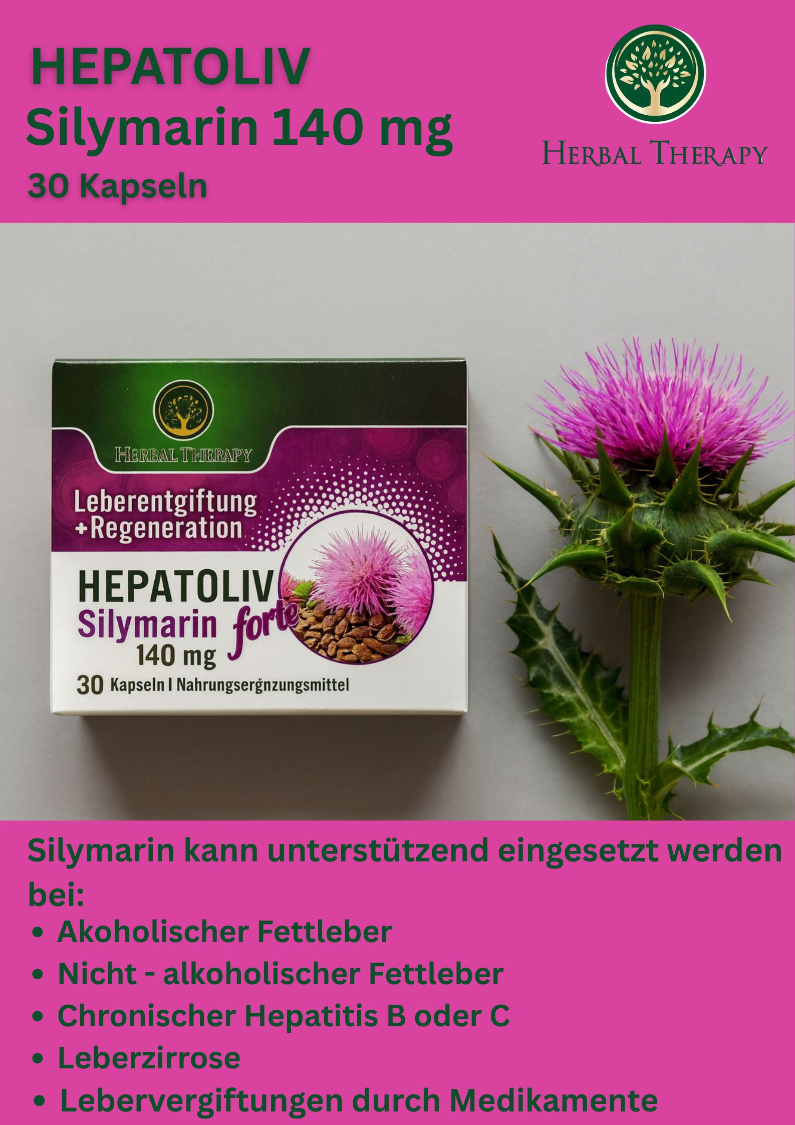 HEPATOLIV Silymarin 140 mg Schachtel mit Text und Abbildung. Produktname, 30 Kapseln. Hintergrund mit Pflanze.