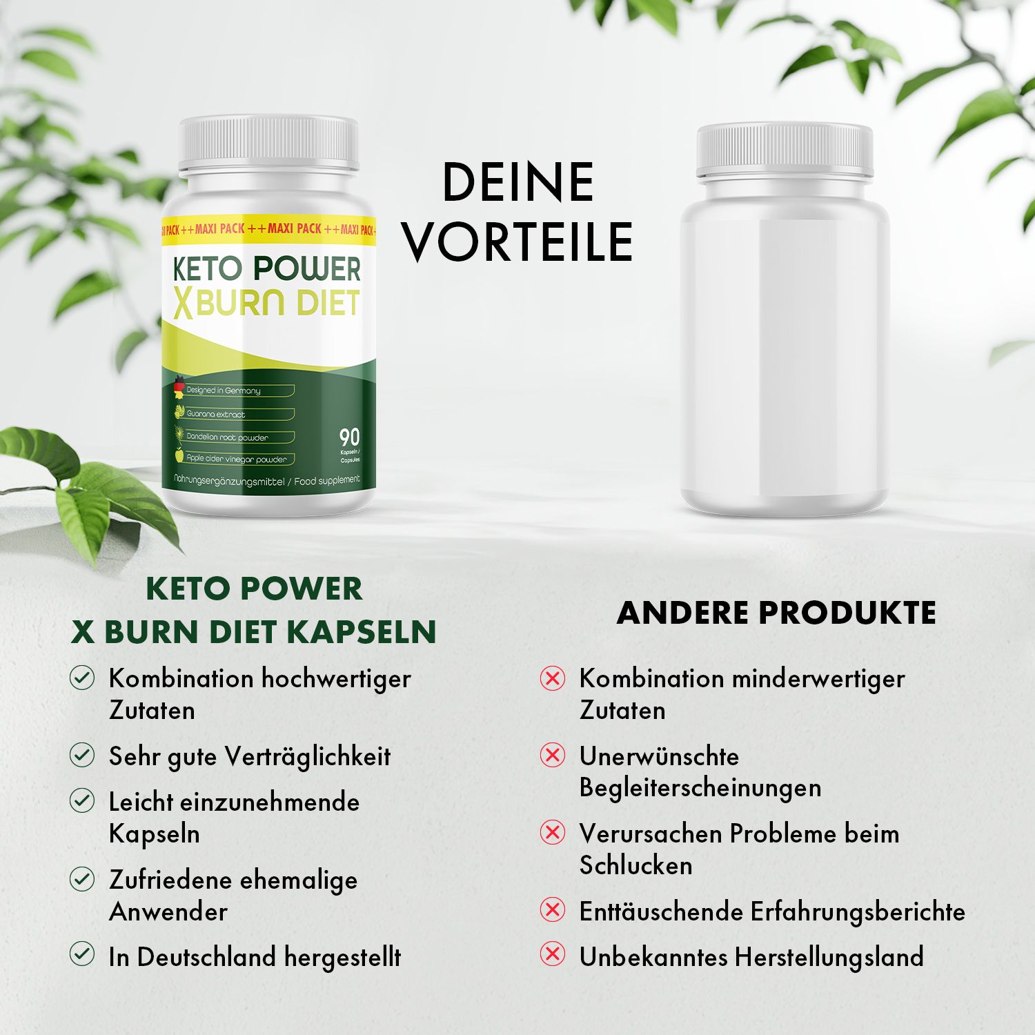Zwei weiße Flaschen. Links: Keto Power X Burn Diet Kapseln. Rechts: Leere Flasche. Text: Vorteile, hochwertige Zutaten, gute Verträglichkeit.