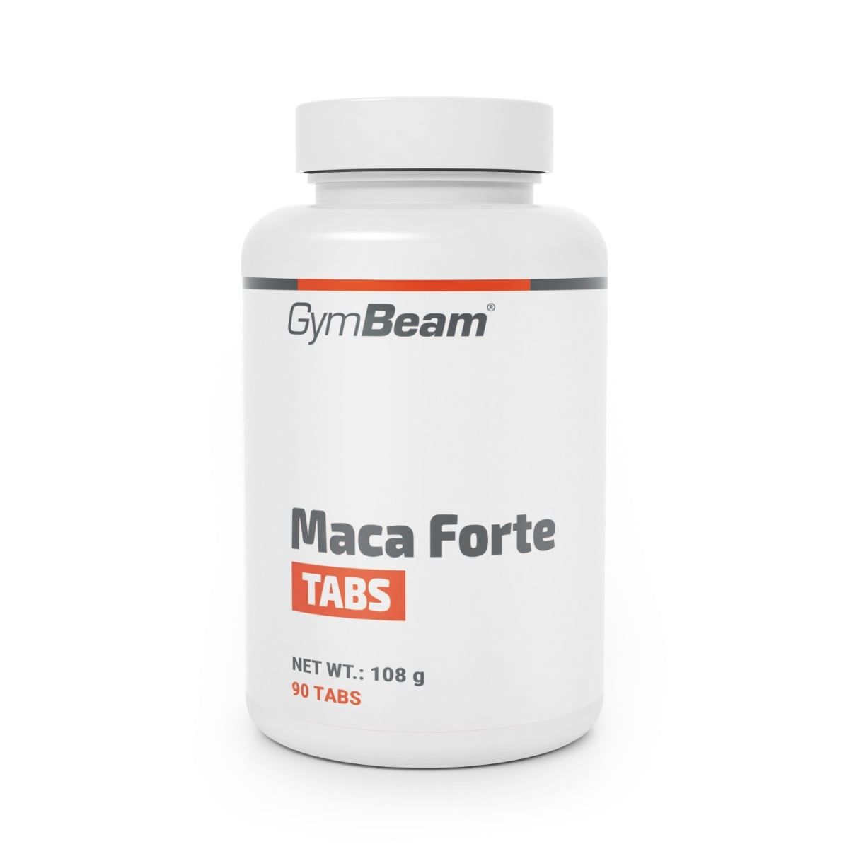 GymBeam Maca Forte Tabs: weiße Dose mit rotem und schwarzem Etikett, 90 Tabletten.