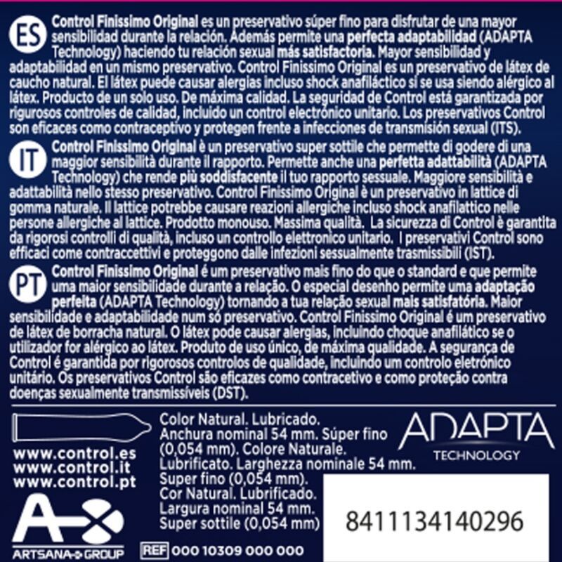 Text auf weißem Hintergrund. Enthält Informationen zu Kondomen, einschließlich Größe und Hersteller.