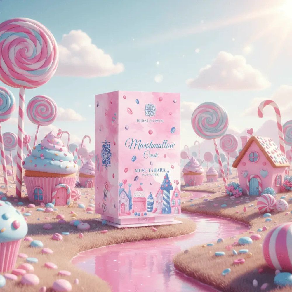 Rosa Verpackung mit Aufschrift "Marshmallow Crush". Illustrationen von Häusern und Süßigkeiten. Dubai Flower Logo.