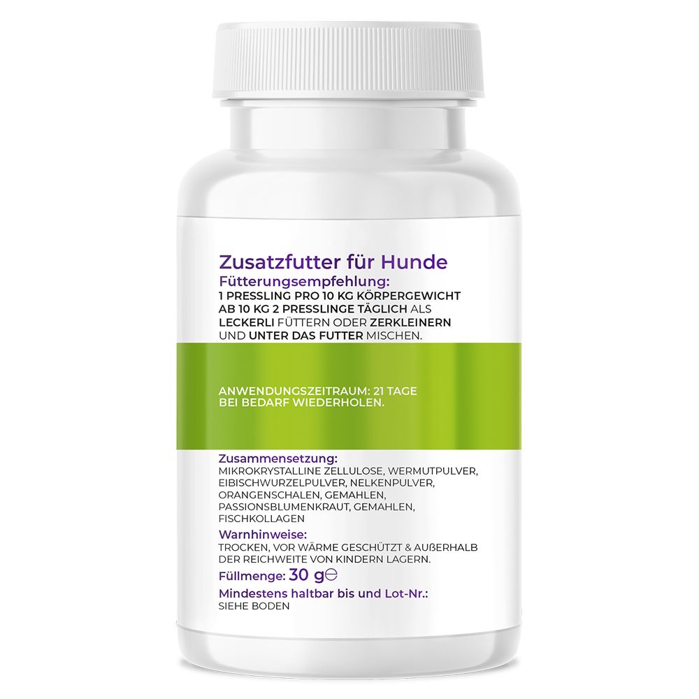 Weiße Flasche mit grünem Etikett. Text: Zusatzfutter für Hunde, Fütterungsempfehlung, Inhaltsstoffe, Warnhinweise. 30g.