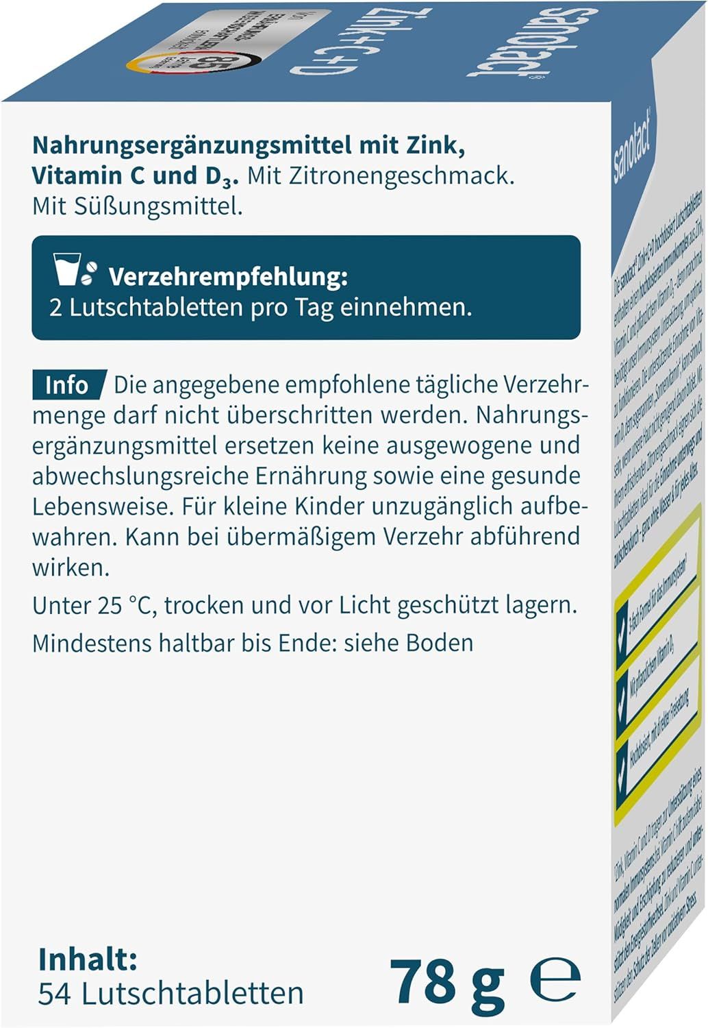 Rückseite der Zink+C+D hochdosiert Verpackung. Enthält Informationen zu Inhaltsstoffen, Verzehrempfehlung und Lagerung. 54 Lutschtabletten.