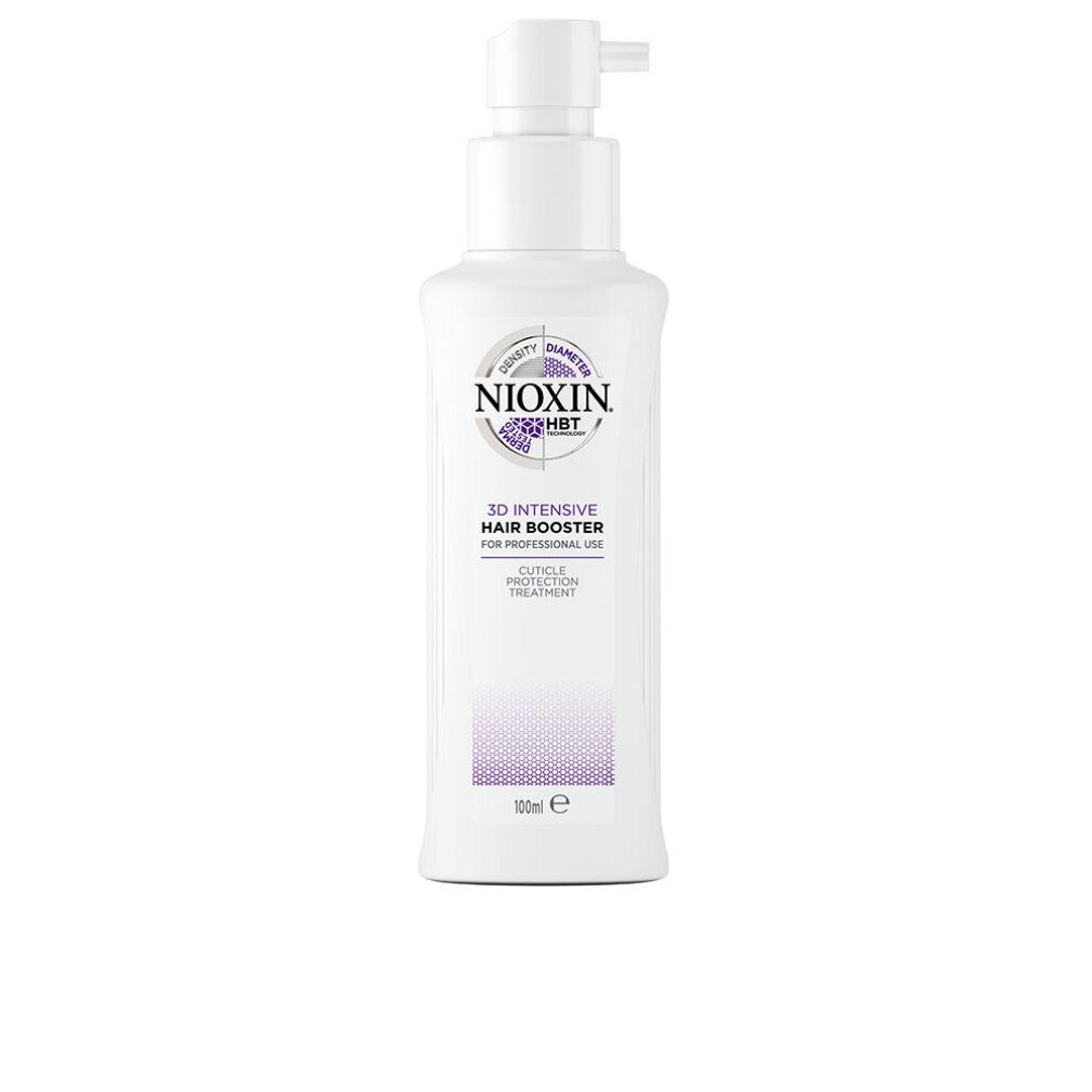 Weiße Flasche mit Pumpe. Aufschrift: Nioxin HBT 3D Intensive Hair Booster.