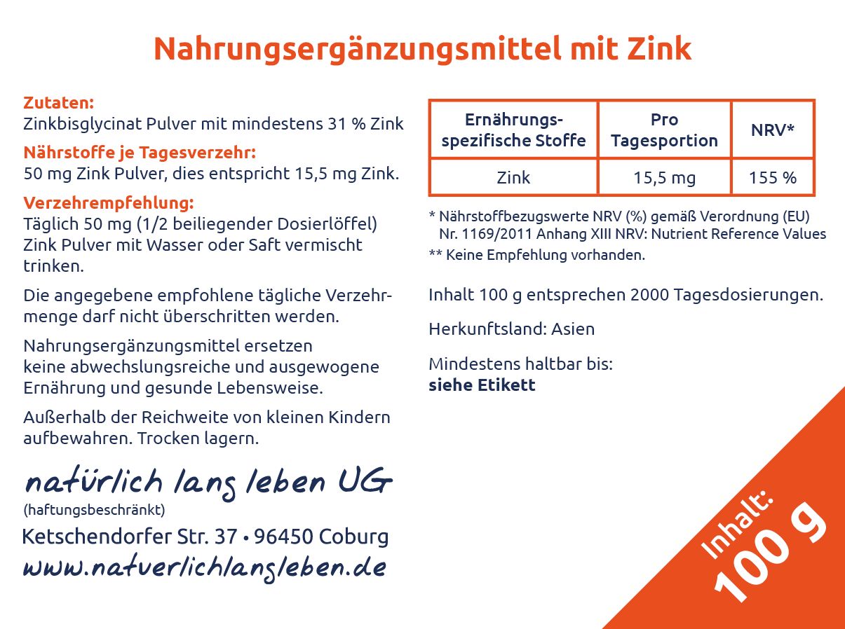 Nahrungsergänzungsmittel-Etikett mit Informationen zu Zink. Enthält Nährwertangaben, Inhaltsstoffe und Herstellerinformationen.