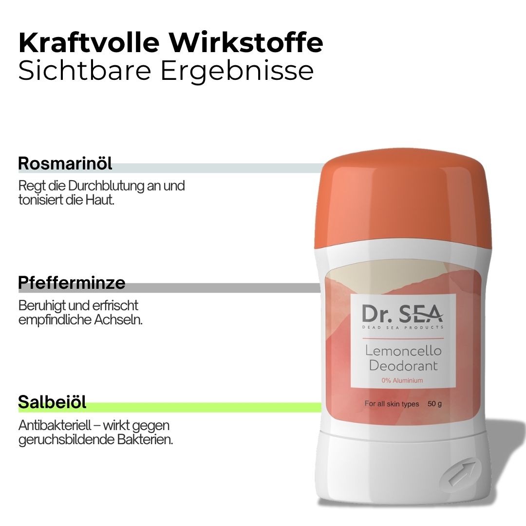 Deodorant-Stick mit Text. Text: Kraftvolle Wirkstoffe, sichtbare Ergebnisse. Inhaltsstoffe: Rosmarinöl, Pfefferminze, Salbeiöl.