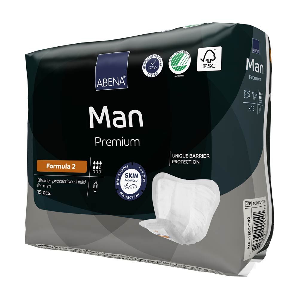 Abena Man Premium Formula 2. Verpackung mit 15 Stück. Blaue Verpackung mit Produktbezeichnung und Zertifizierungen. Produkt sichtbar.