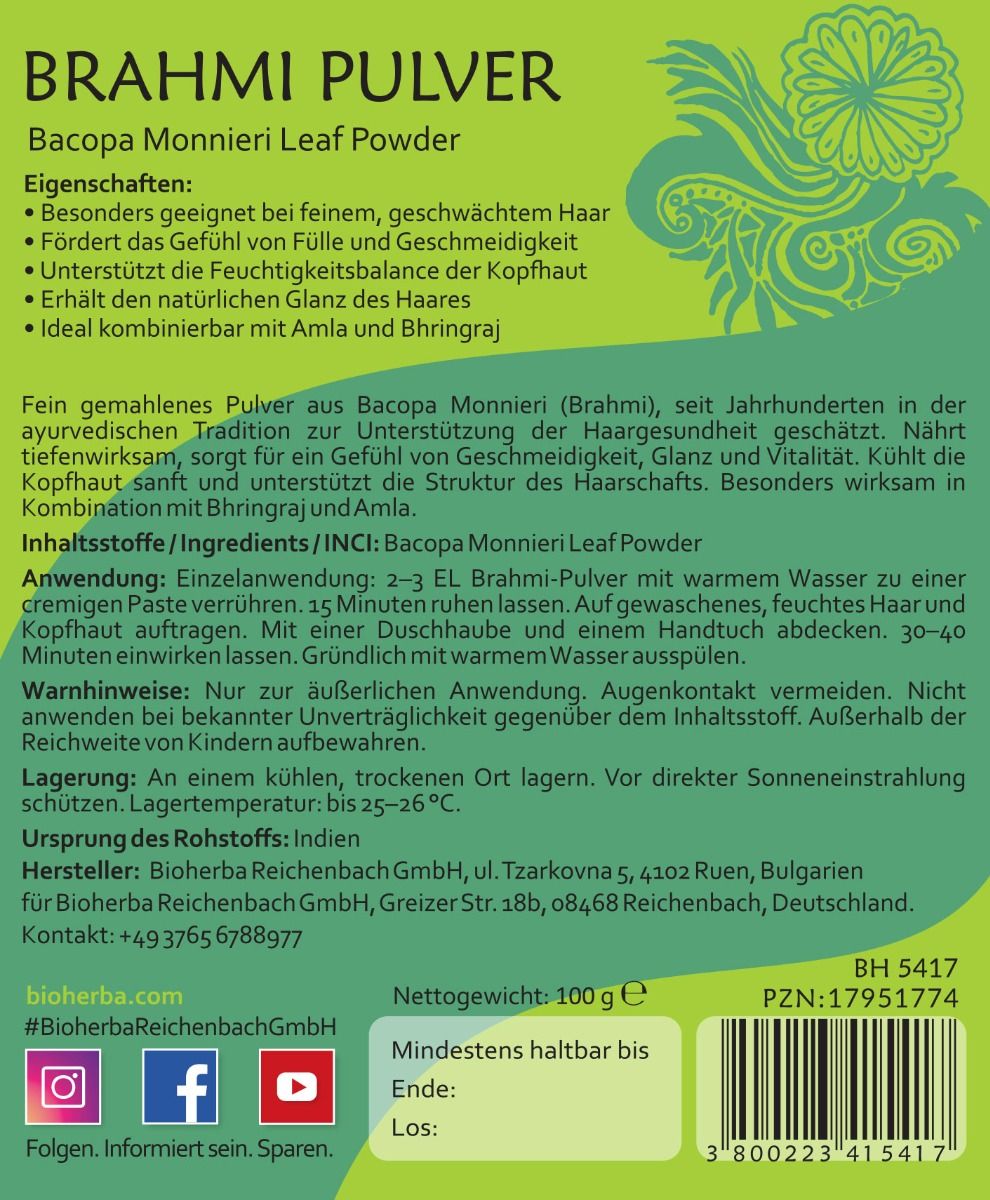 Grünes Etikett mit Text: Brahmi Pulver, Bacopa Monnieri Leaf Powder. Inhaltsstoffe, Anwendung, Warnhinweise, Lagerung. 100 g.