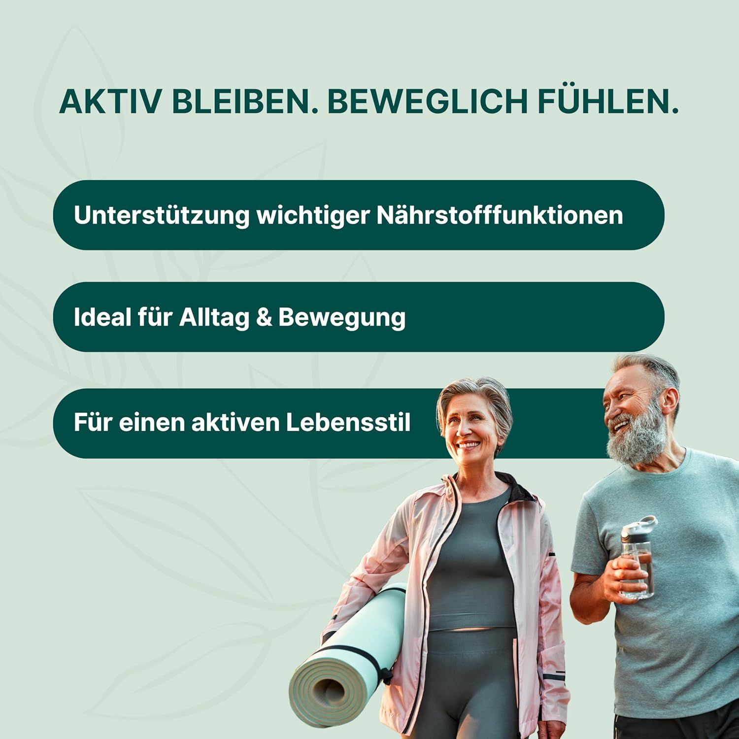 Älteres Paar im Freien. Text: Aktiv bleiben. Beweglich fühlen. Unterstützung wichtiger Nährstofffunktionen. Ideal für Alltag & Bewegung. Für einen aktiven Lebensstil.