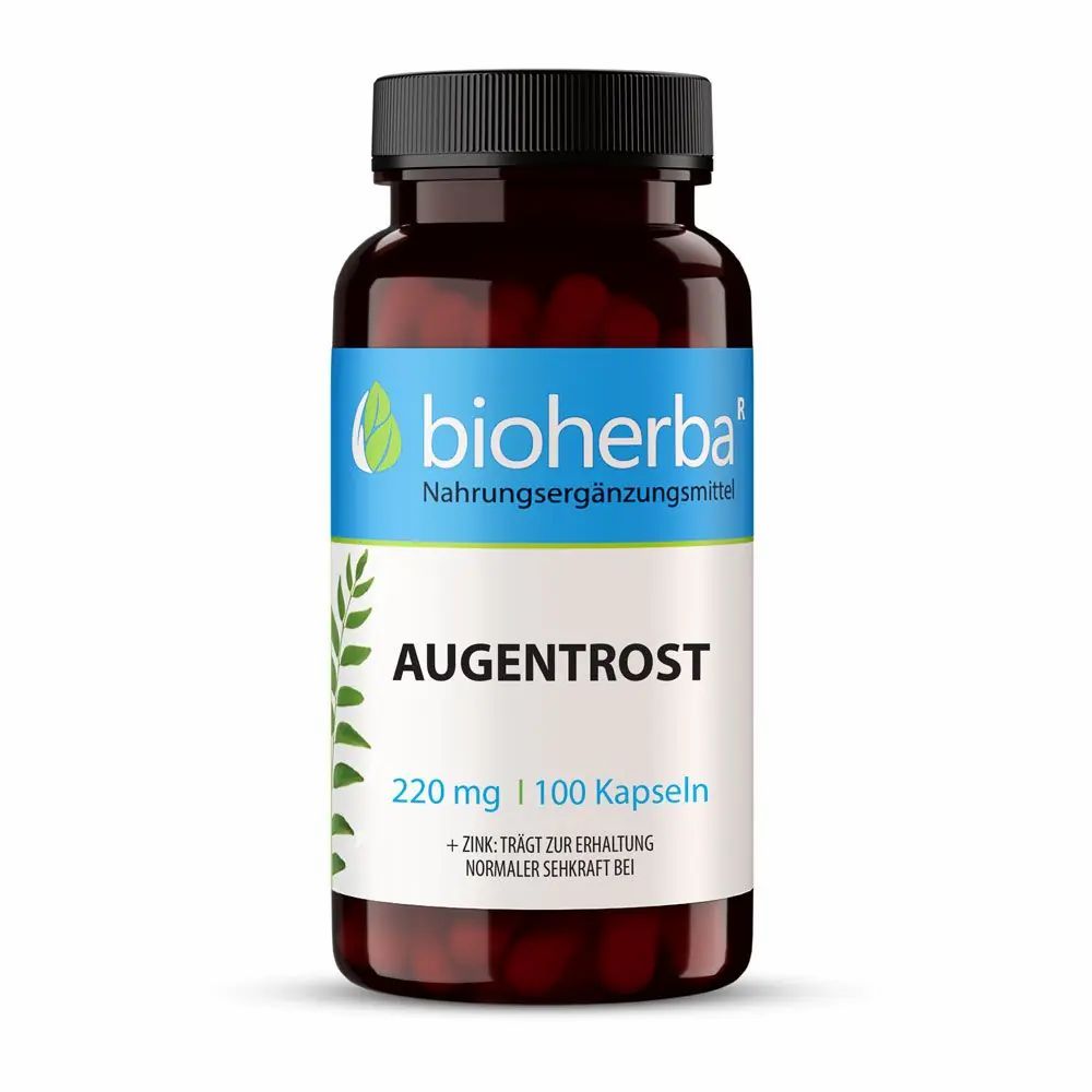 Braune Flasche mit Kapseln. Blau-weißes Etikett mit "Bioherba" und "Augentrost". 220 mg | 100 Kapseln.