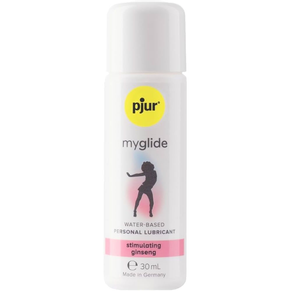 Weiße Flasche mit gelbem Etikett. Aufschrift: pjur myglide, Wasserbasiertes Gleitmittel, Ginseng. Made in Germany.