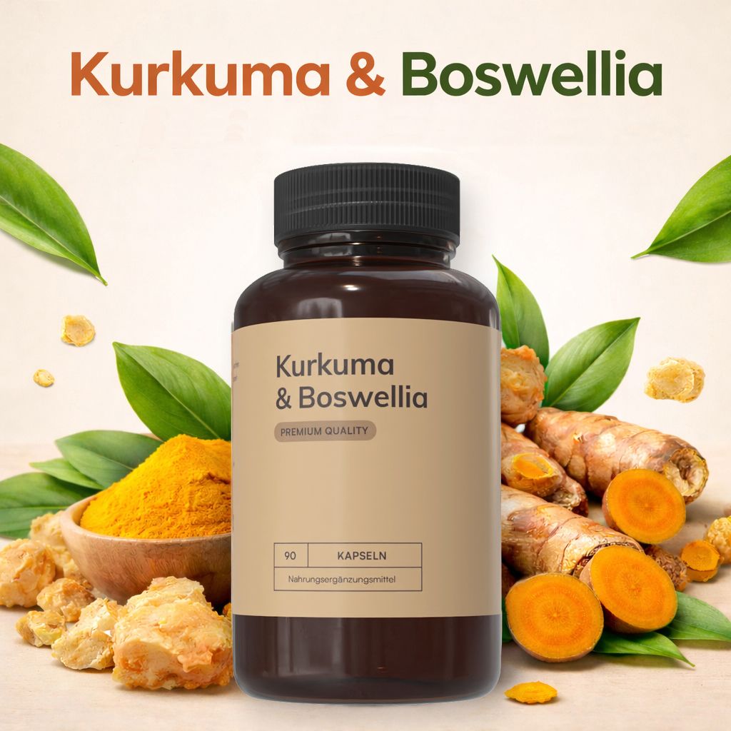 Braune Flasche mit Kapseln. Aufschrift: Kurkuma & Boswellia. Gelbes Pulver und Kurkuma-Stücke daneben. Blätter als Dekoration.
