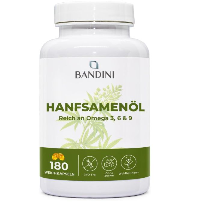 Bandini Hanfsamenöl, 180 Weichkapseln, praktische Dosierung, sorgfältige Auswahl.