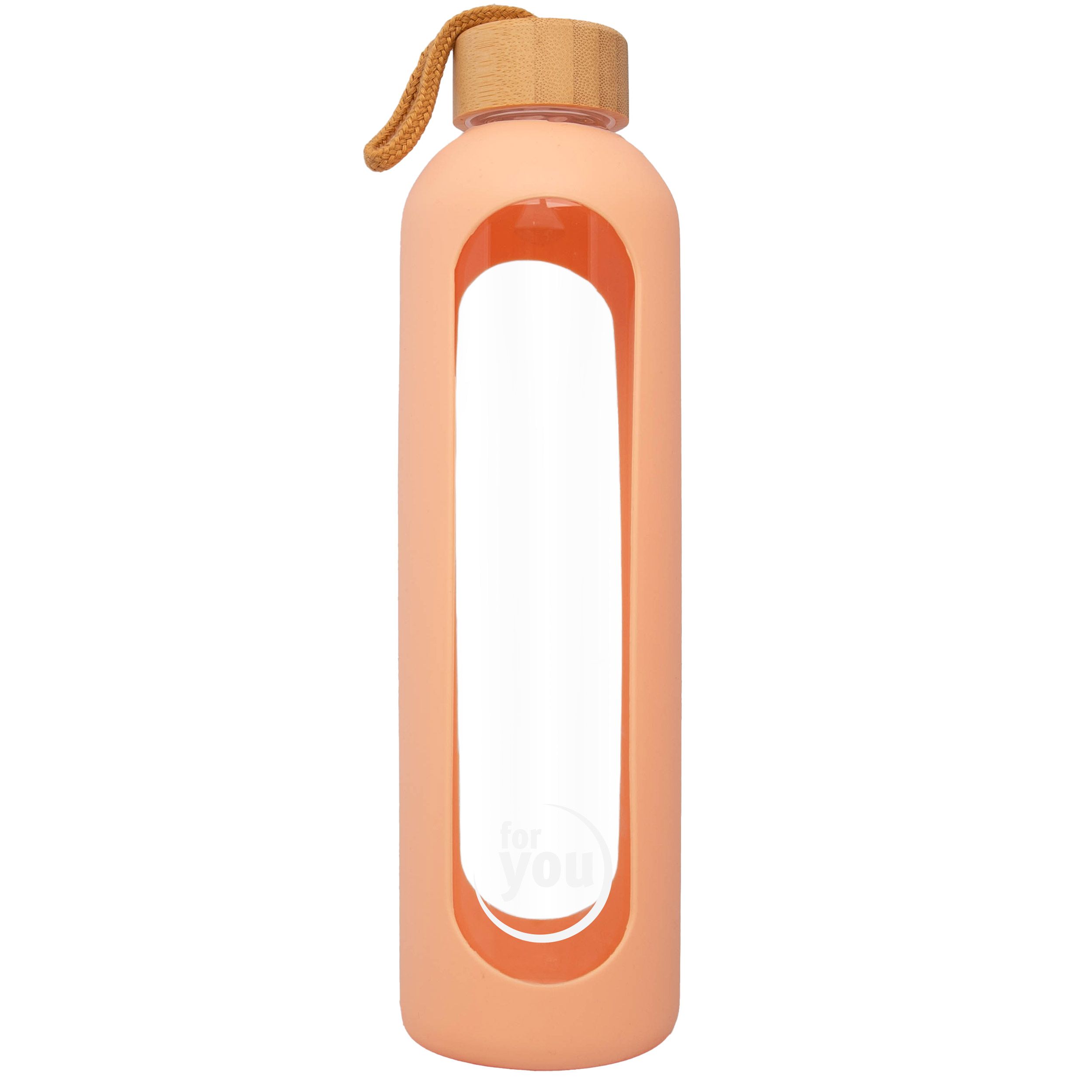 Pfirsichfarbene Glas-Trinkflasche mit Holzdeckel und Silikonhülle.