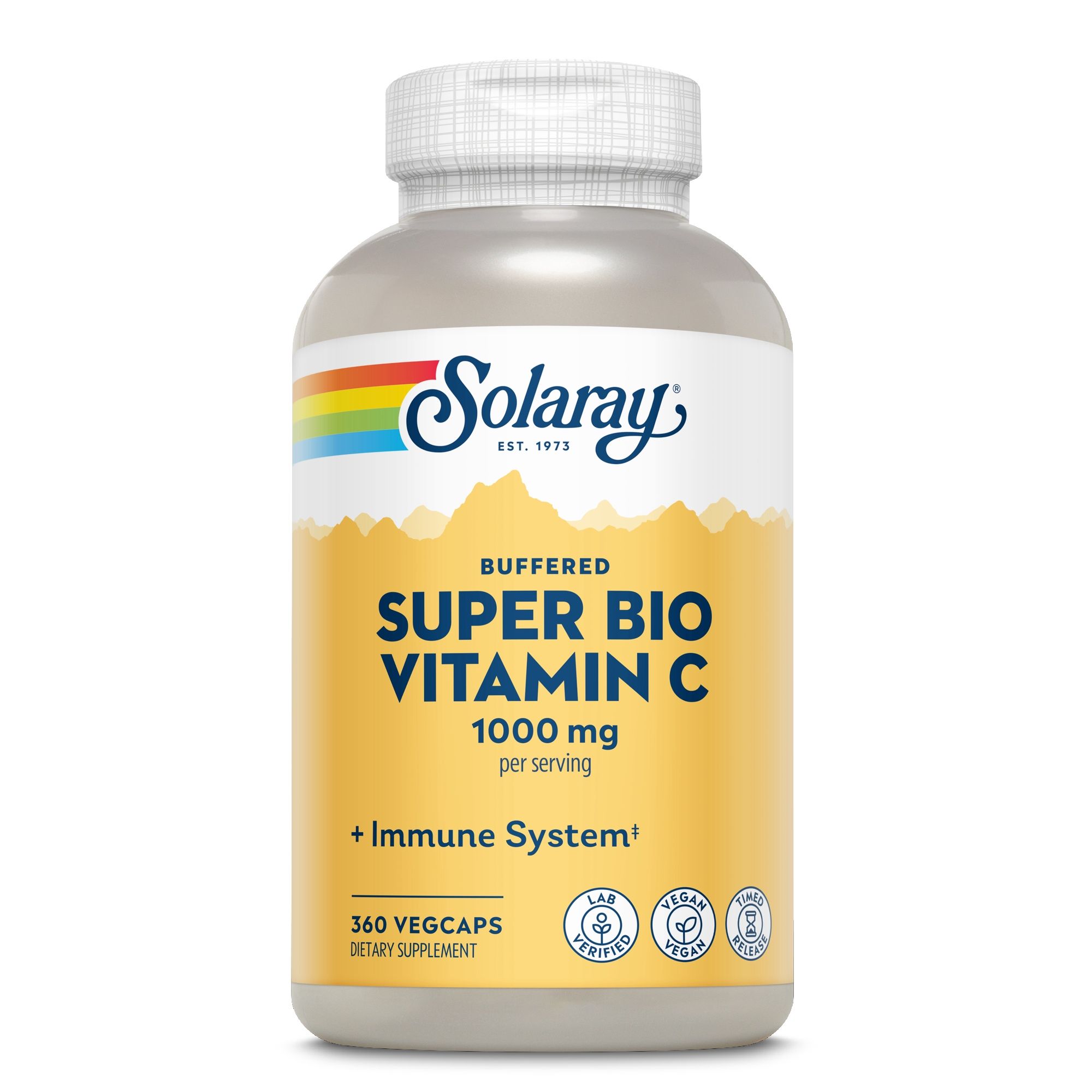 Solaray Vitamin C Flasche. Aufschrift: Super Bio Vitamin C 1000 mg. 360 Vegcaps. + Immune System. Mit Lab-geprüft und Vegan-Siegel.