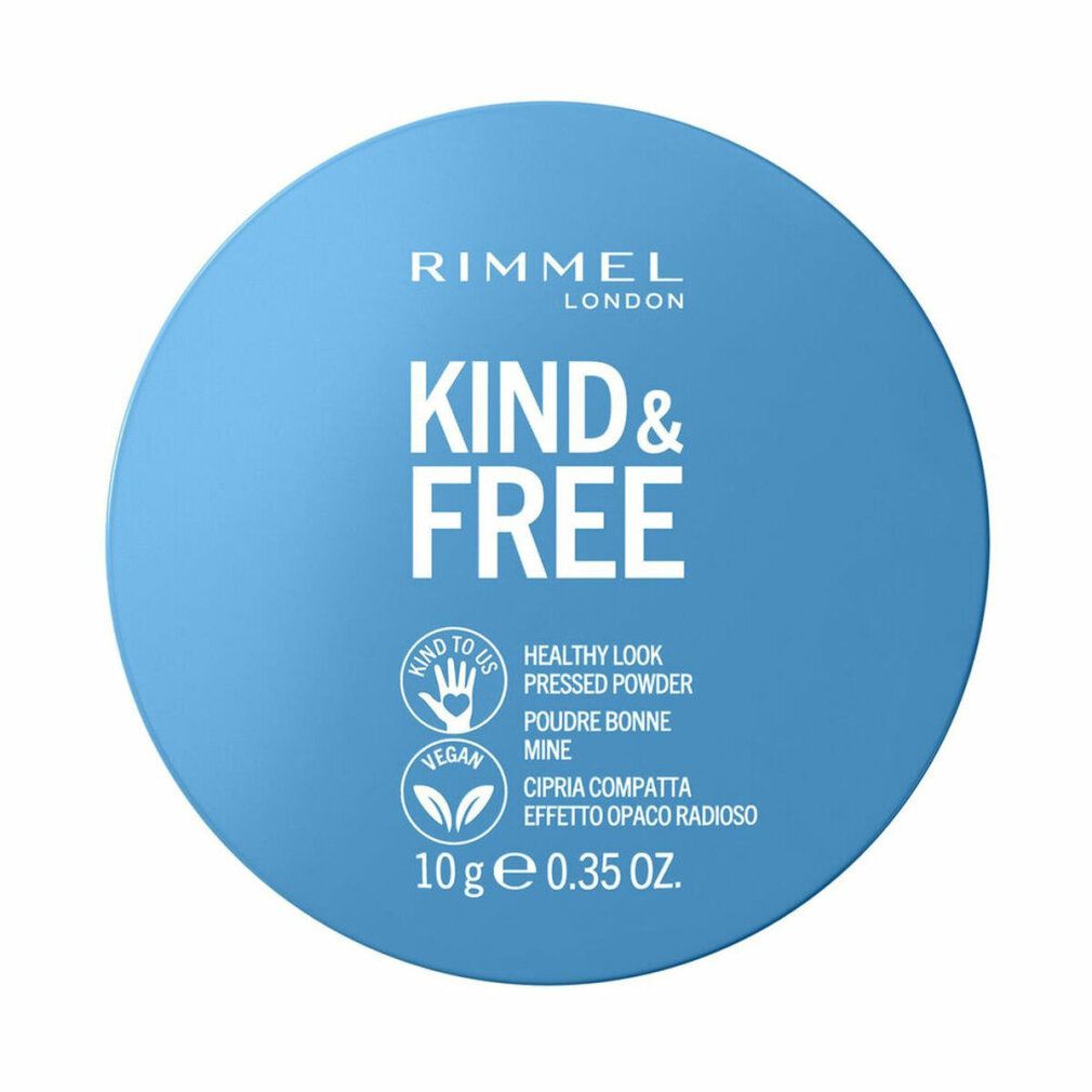 Blaue, runde Puderdose mit Aufschrift: Rimmel London Kind & Free. Vegan-Logo. Text: Healthy Look Pressed Powder.
