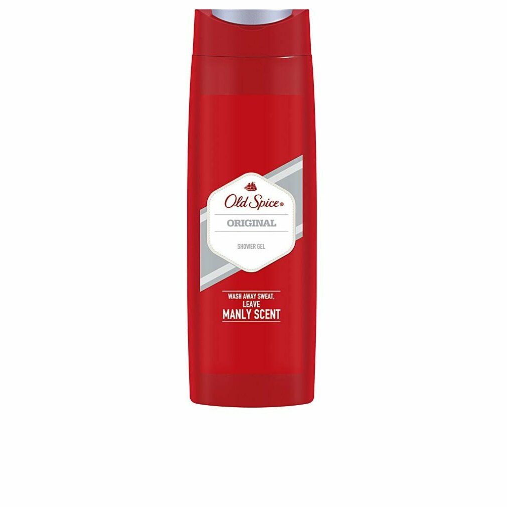 Rote Duschgel-Flasche. "Old Spice Original" und "Shower Gel" auf dem Etikett. "Wash away sweat, leave manly scent".