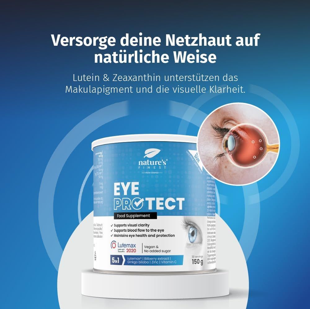 Produkt-Dose "Eye Protect" mit Zutaten. Zitronen, Blaubeeren, Blätter. Text: Natürliche Nährstoffe. Lutein 2020.