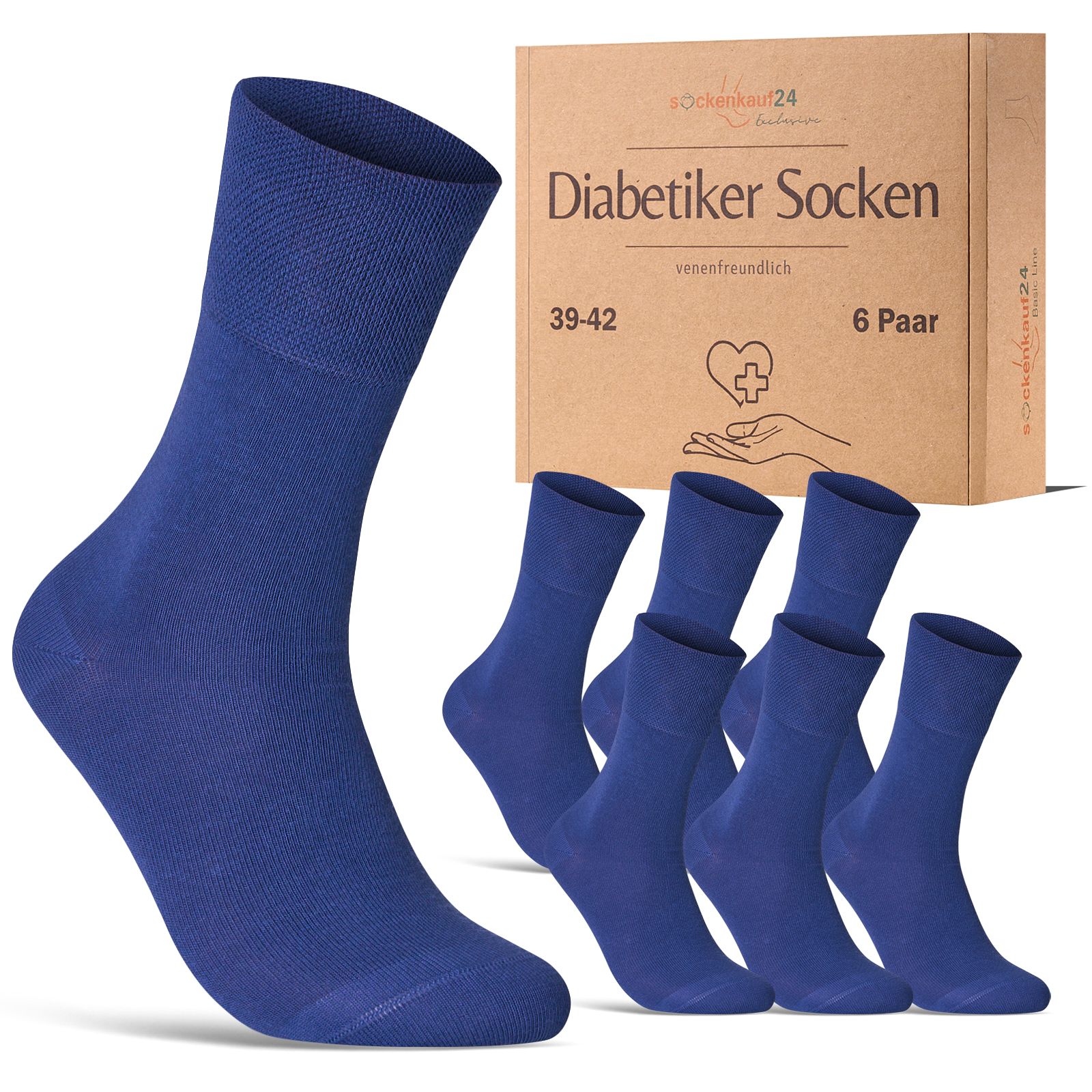 Blaue Socken und eine braune Box mit Text: Diabetiker Socken, 39-42, 6 Paar.