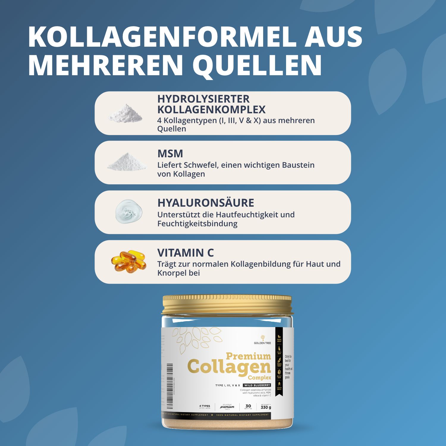 Golden Tree Premium Collagen Complex Glasbehälter mit Informationen zu Hydrolysiertem Kollagenkomplex, MSM, Hyaluronsäure und Vitamin C.