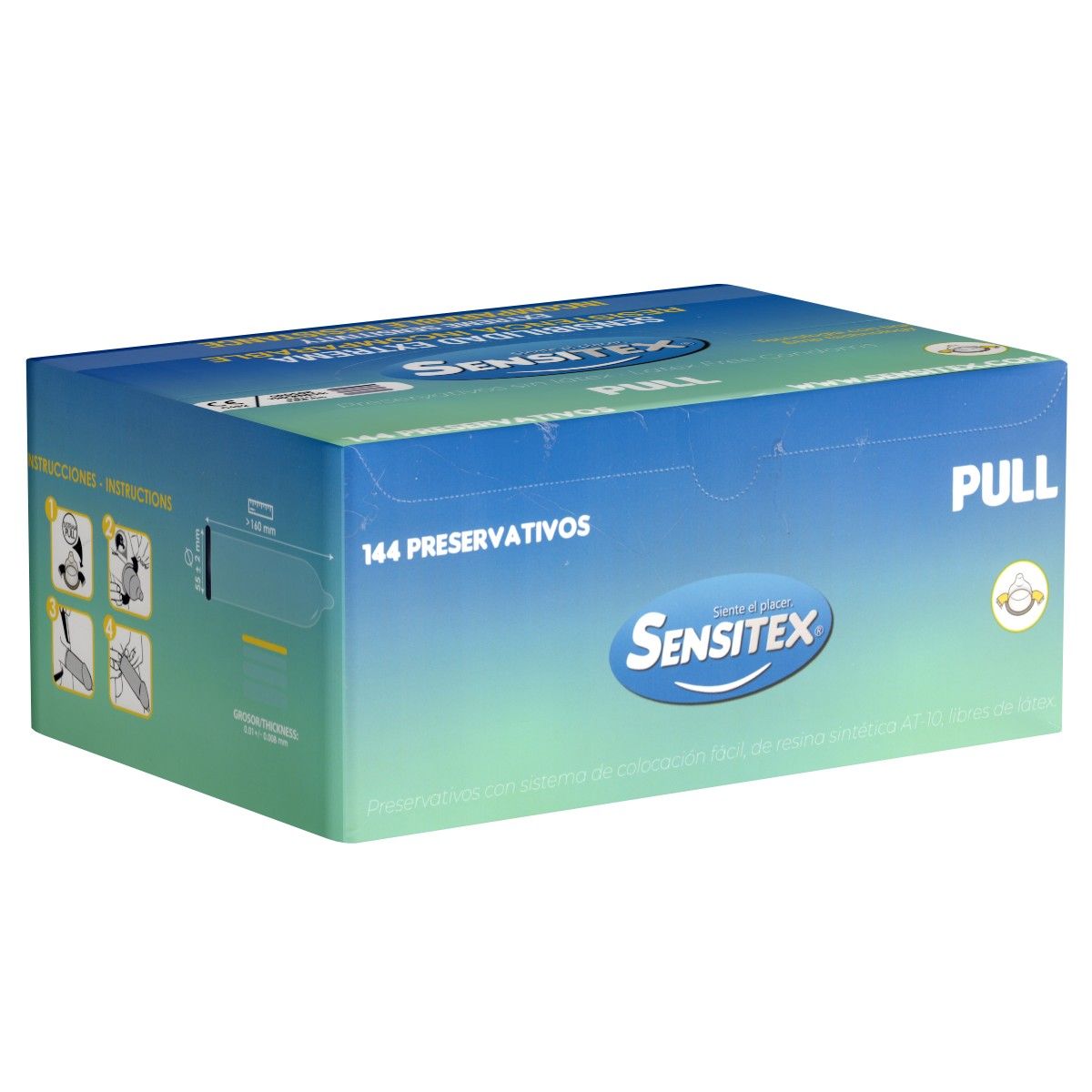 Kartonverpackung mit der Aufschrift "Sensitex Pull". Enthält 144 Kondome. Blaue und grüne Farbgebung. Anweisungen auf der Seite.