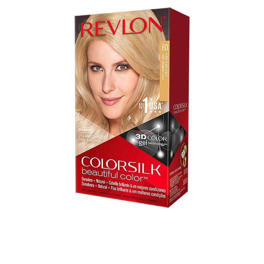 Haarfarbe-Packung. Marke Revlon, Produkt Colorsilk. Aufdruck: Light As Blonde. Frau mit blonden Haaren auf der Verpackung.