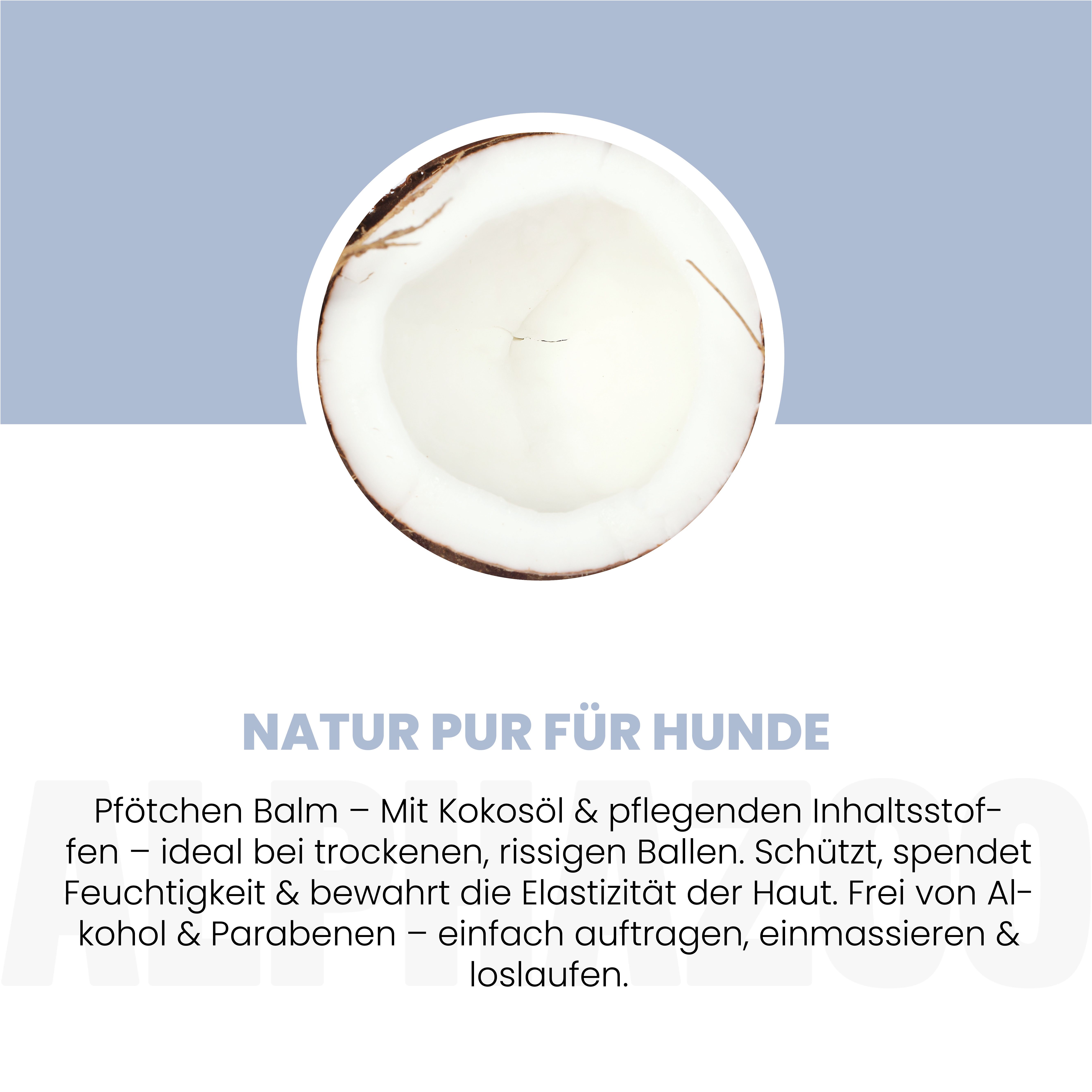 Hälfte einer Kokosnuss. Text: "NATUR PUR FÜR HUNDE".