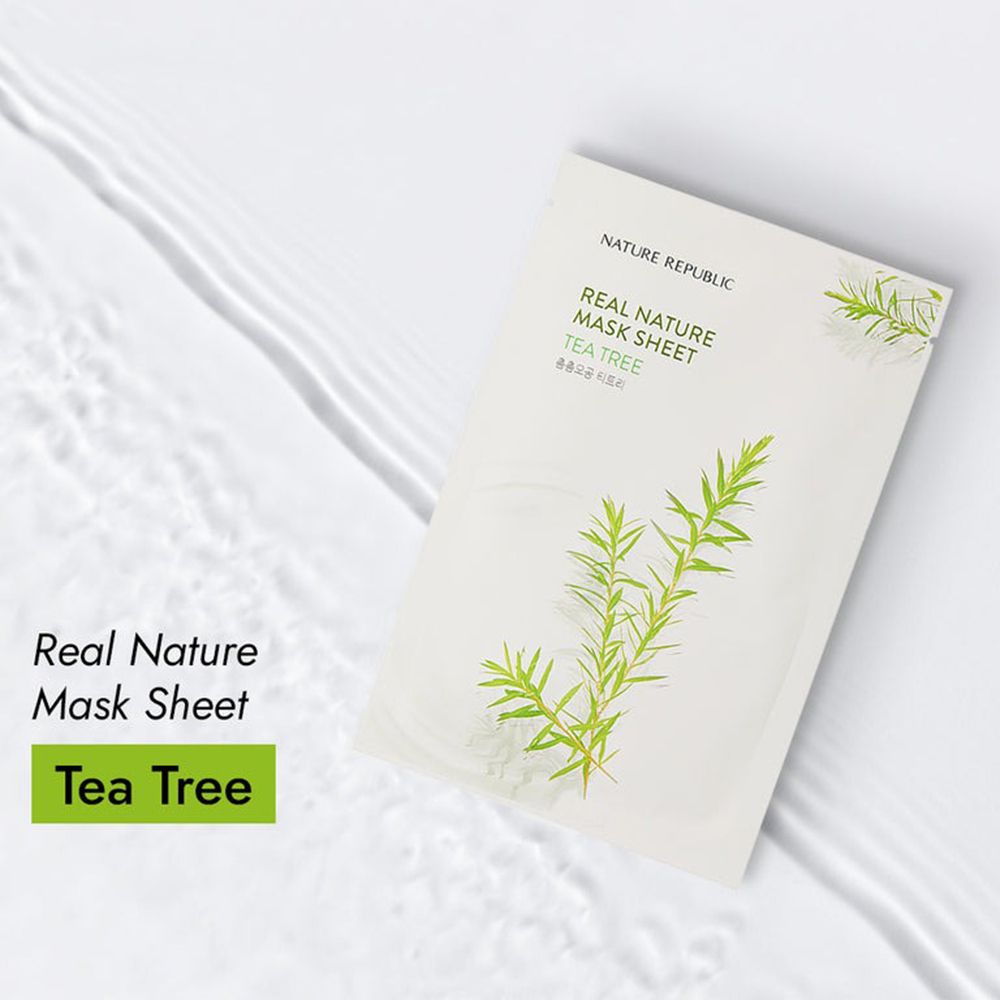 Verpackung der NATURE REPUBLIC Real Nature Tea Tree Sheet Mask. Weißes Sachet mit grünen Teebaum-Illustrationen und Produktbezeichnung.