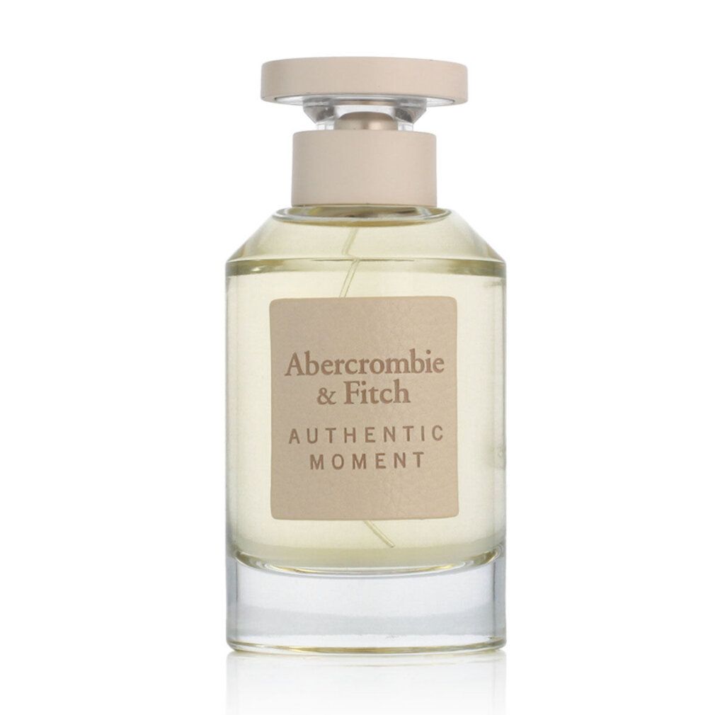 Parfümflakon. Aufschrift: Abercrombie & Fitch, Authentic Moment. Transparente Flüssigkeit. Weißer Verschluss.