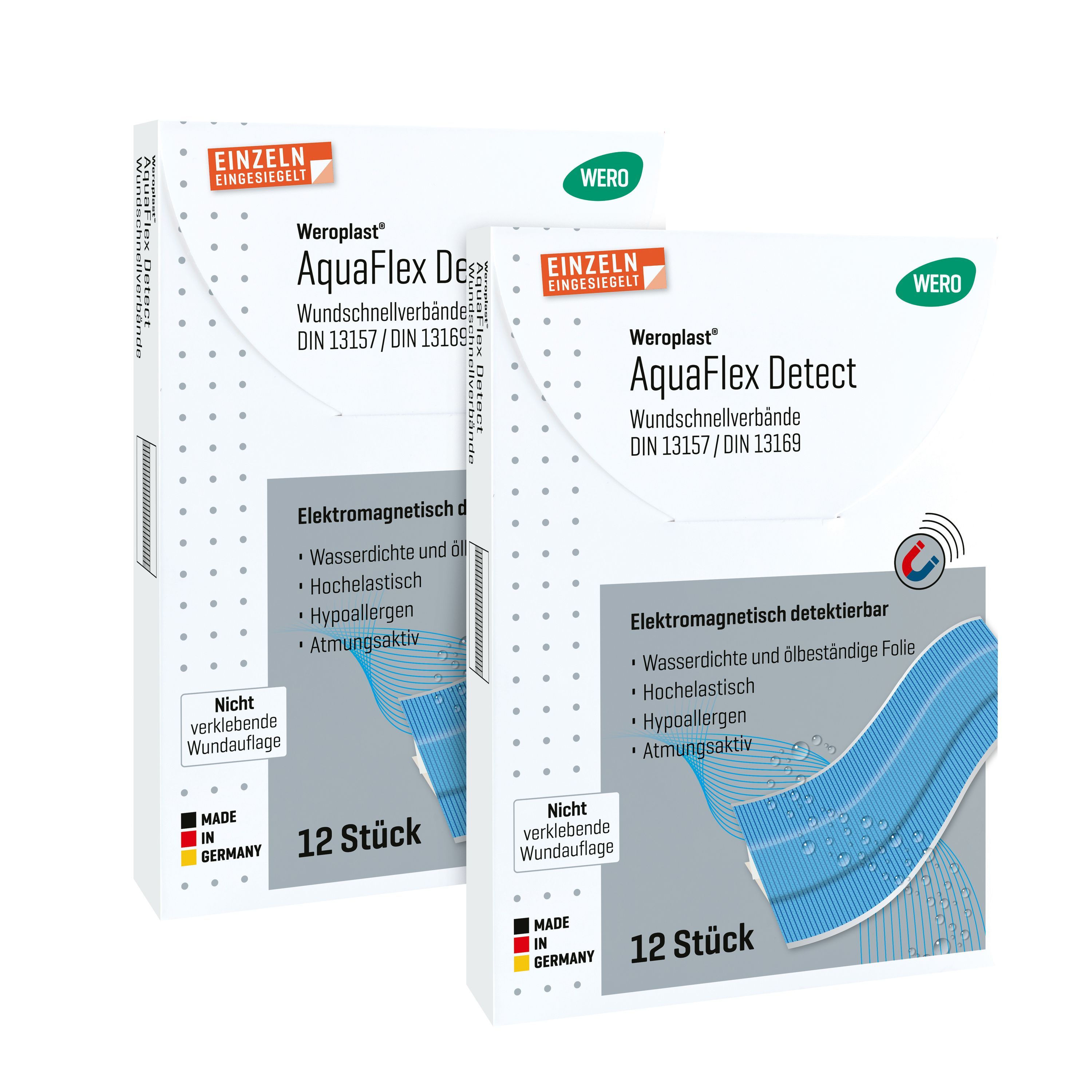 Zwei Packungen WERO Weroplast AquaFlex Detect Wundschnellverbände. Weiße Verpackung mit blauer Bandage-Abbildung und Produktinformationen.