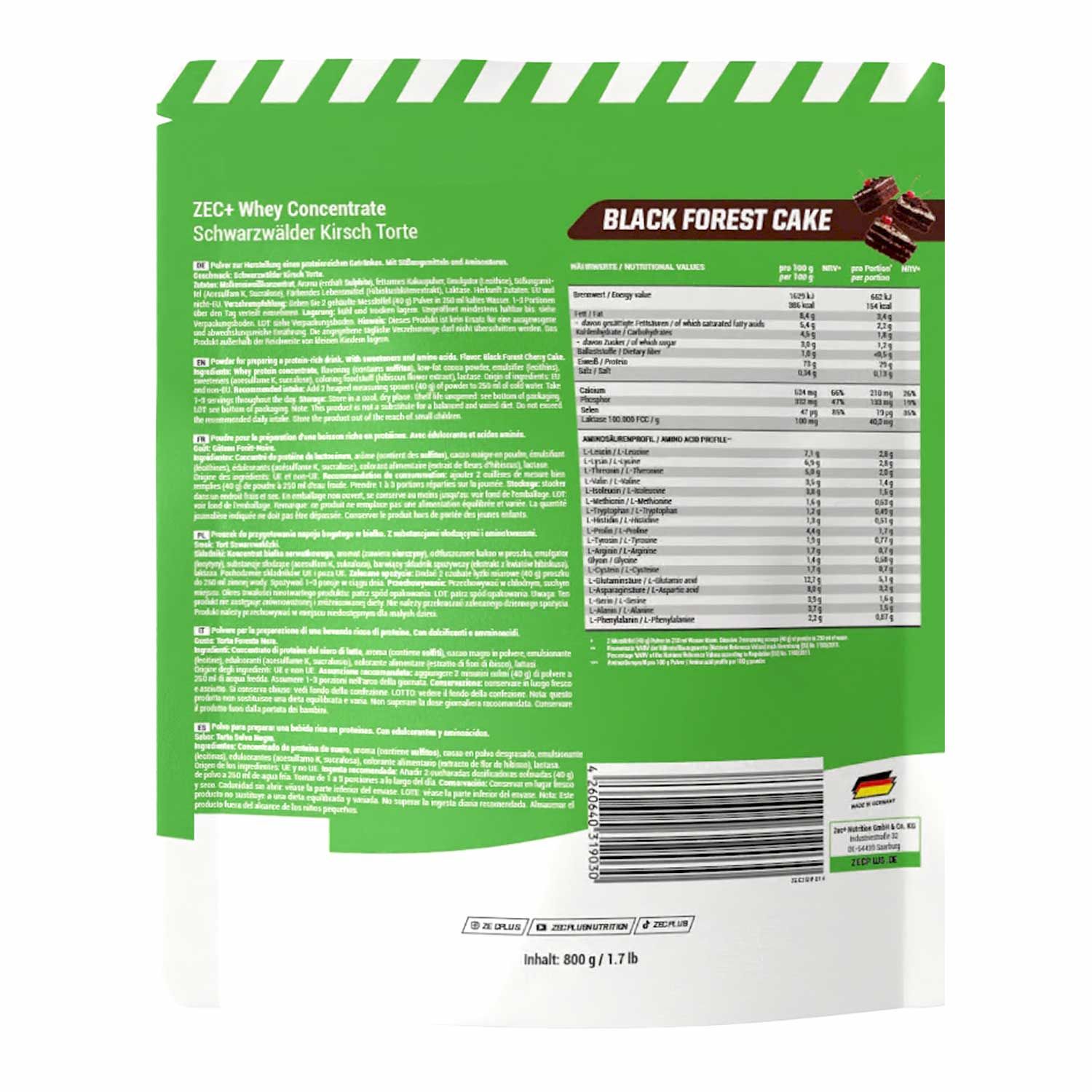 Rückseite der ZEC+ Whey Concentrate Verpackung. Schwarzwälder Kirsch. Enthält Nährwertangaben und Zutatenlisten. Mit deutschem Qualitätssiegel.