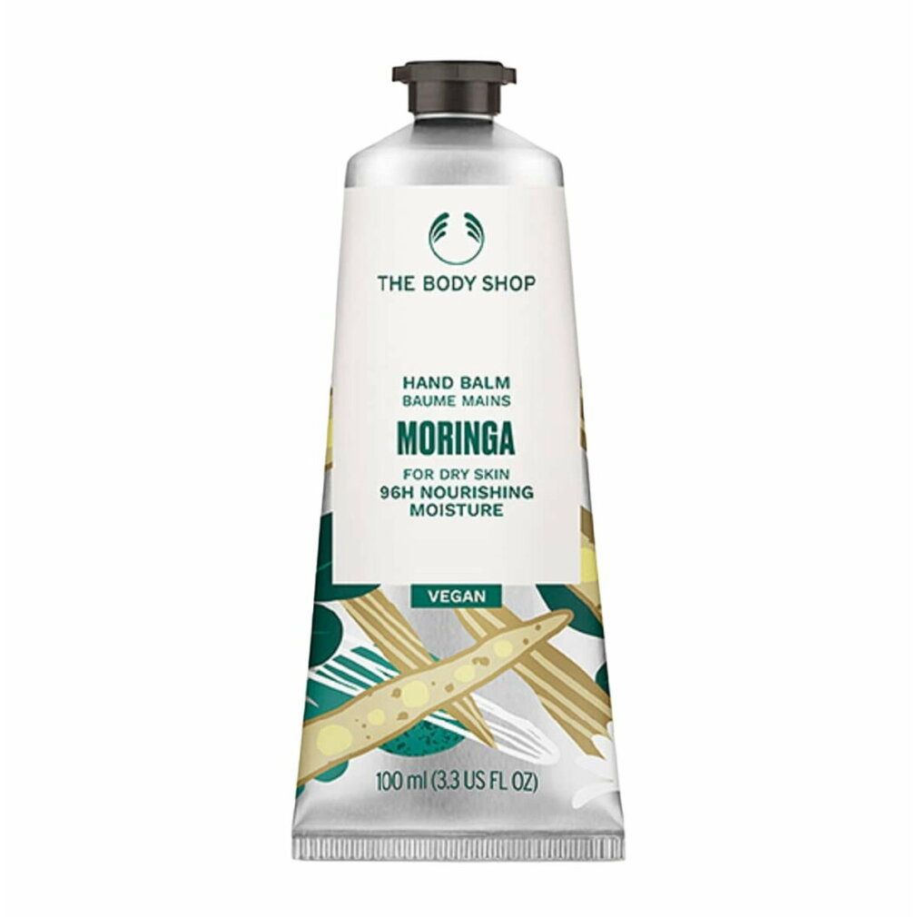 Tube Handbalsam. Aufschrift: Hand Balm, Moringa, für trockene Haut, 96H Feuchtigkeit. Marke: The Body Shop. Vegan.