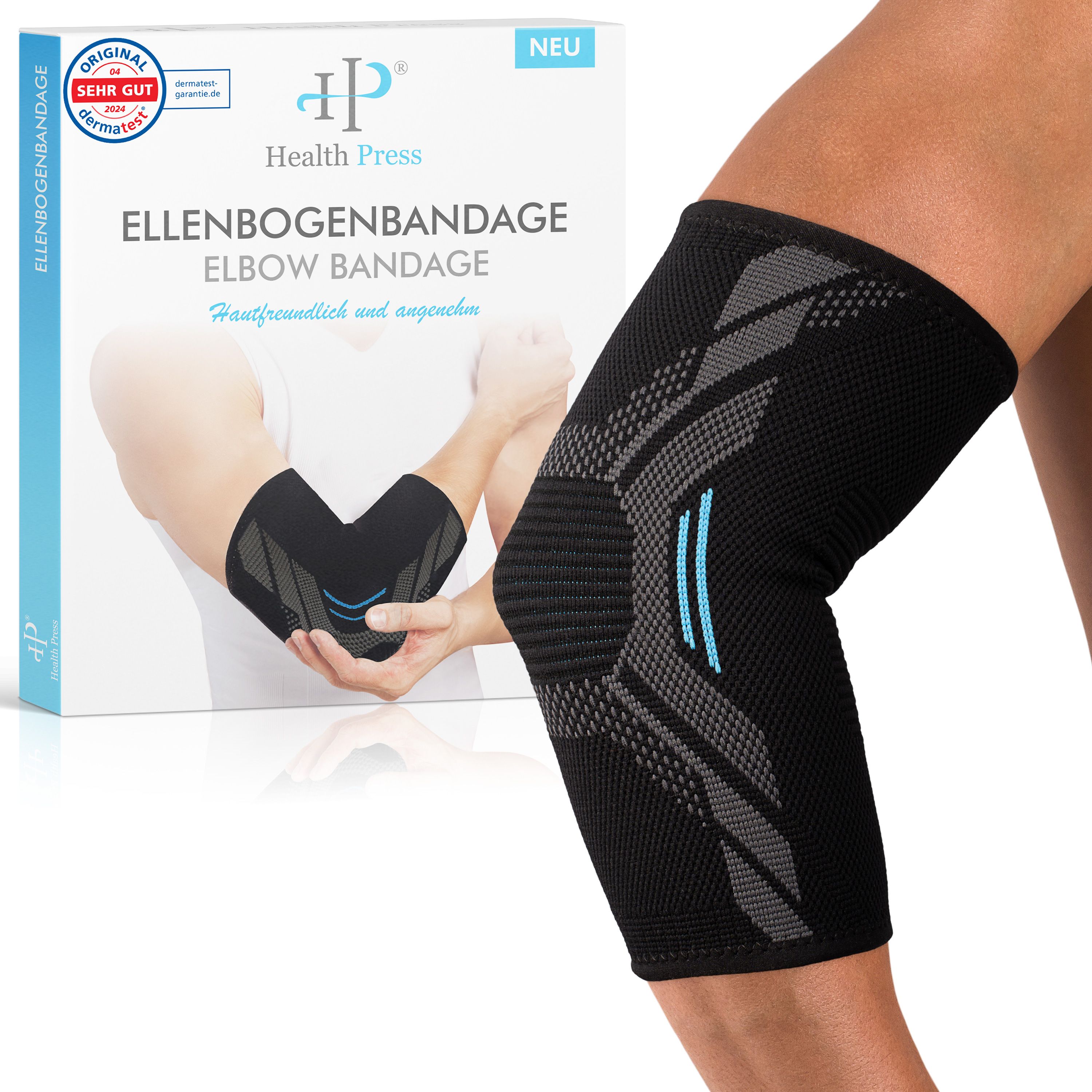 Verpackung und Ellenbogenbandage. Produktname 'ELLENBOGENBANDAGE ELBOW BANDAGE' und 'Health Press' sichtbar.