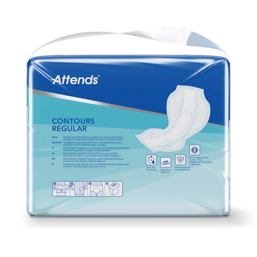 Attends Contours Regular 7. Anatomisch geformte Vorlagen für Inkontinenz. Rückseite der Verpackung mit Produktinformationen und Logo.