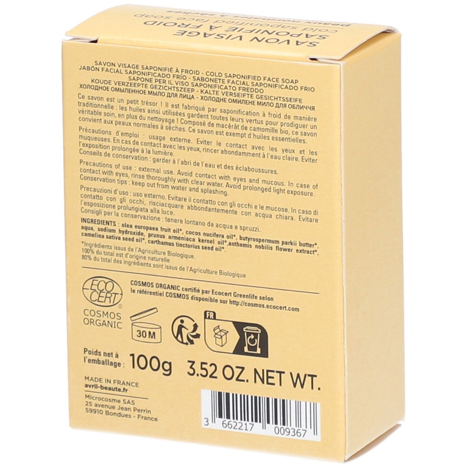 Rückseite einer beige Kartonverpackung. Text: Inhaltsstoffe, Cosmos Organic, 100g, 3.52 OZ. NET WT. Hergestellt in Frankreich. Barcode.