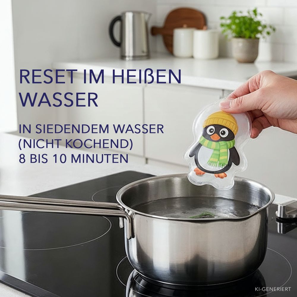 Pinguin-Wärmekissen wird in kochendes Wasser zum Reset gegeben.