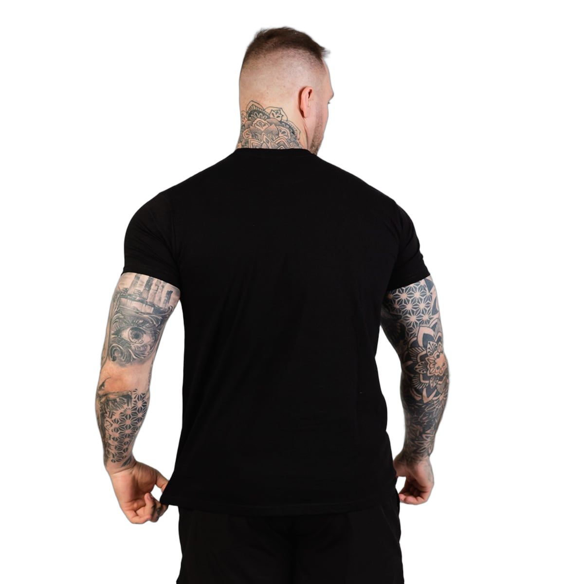 Rückansicht eines schwarzen GymBeam T-Shirts für Männer.