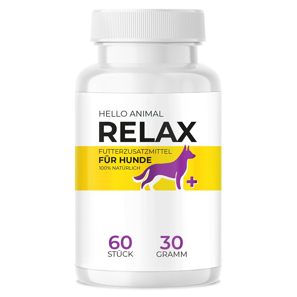 Weiße Flasche mit gelbem Etikett. Text: Hello Animal Relax, Futterzusatzmittel für Hunde, 100% natürlich. 60 Stück, 30 Gramm.