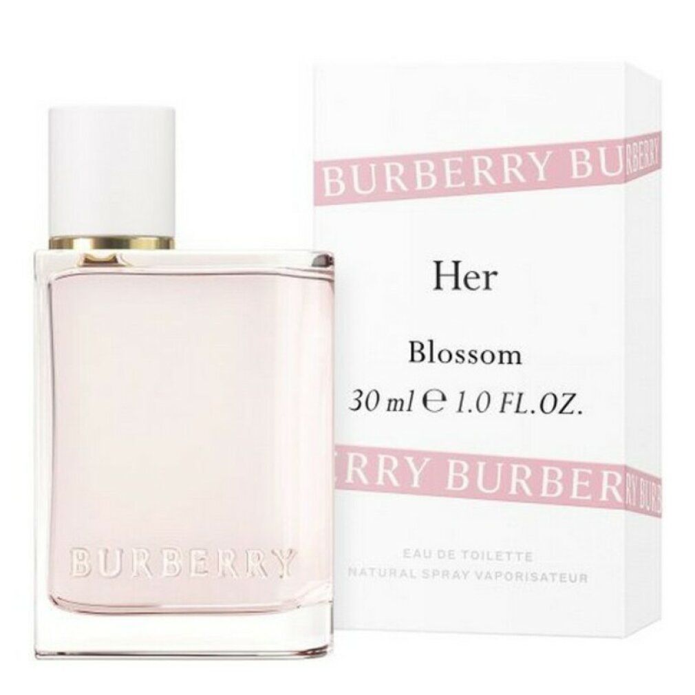 Parfümflakon und Verpackung. Flakon mit weißem Deckel, rosa Flüssigkeit. Verpackung mit Text: Burberry Her Blossom.
