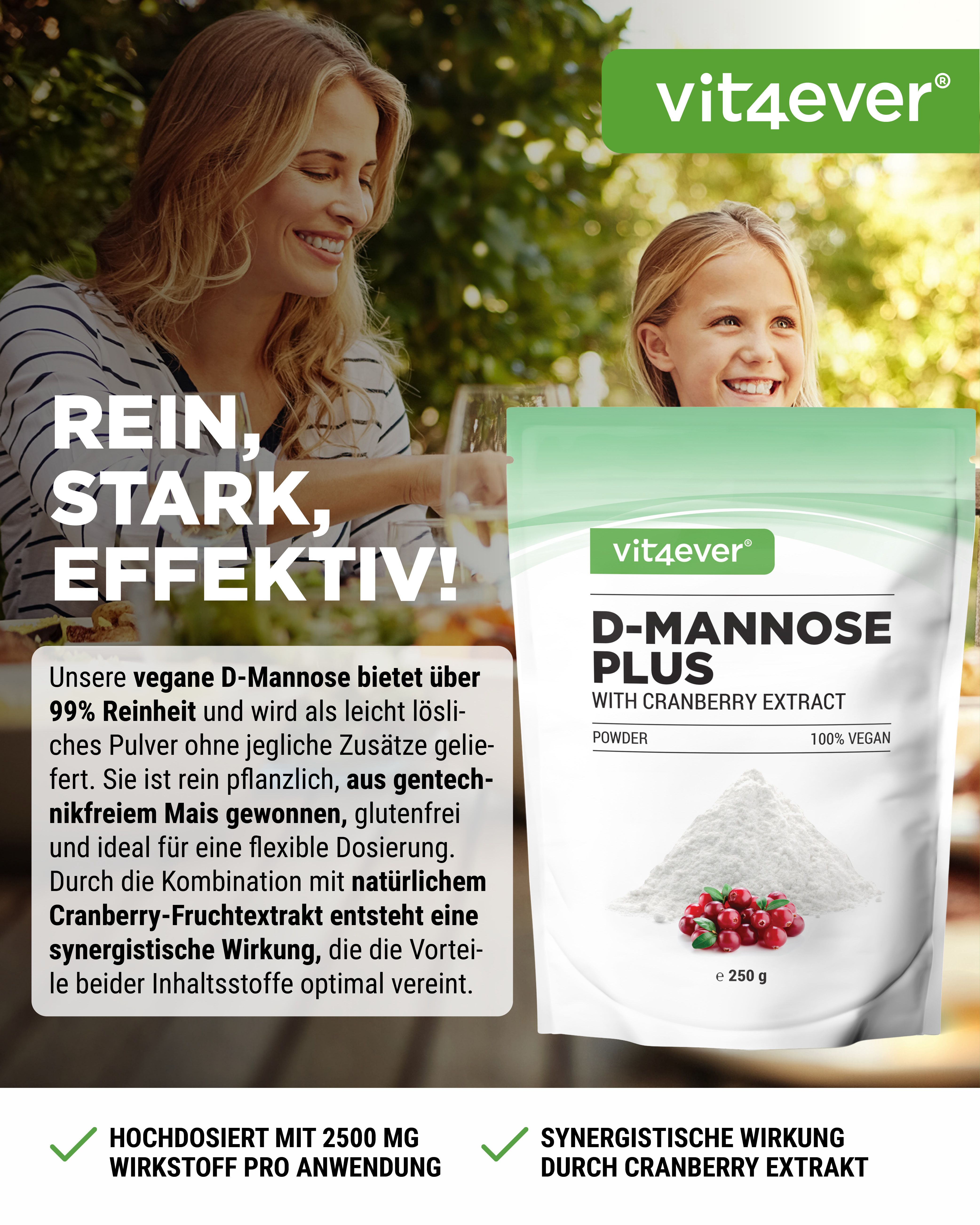Beutel mit D-Mannose Plus Pulver und Cranberry-Extrakt. Aufschrift: vit4ever, 100% vegan. Abbildung von Pulver und Cranberries.