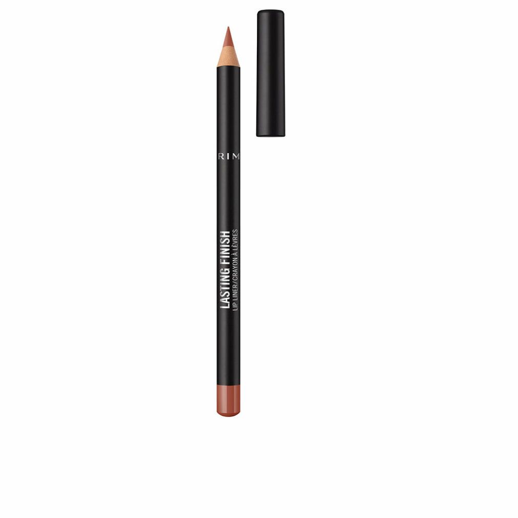Lipliner Rimmel London Lasting Finish. Schwarzer Stift mit brauner Mine und abgenommener Kappe. Text: Lasting Finish, Lip Liner/Crayon à Lèvres.