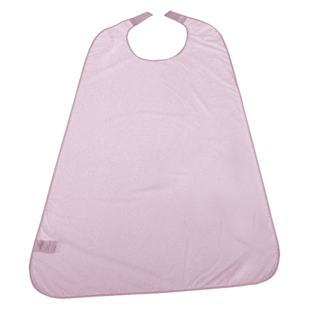 Rosa PVC Ess-Schürze/Lätzchen mit grauem Rand und Nackenband.