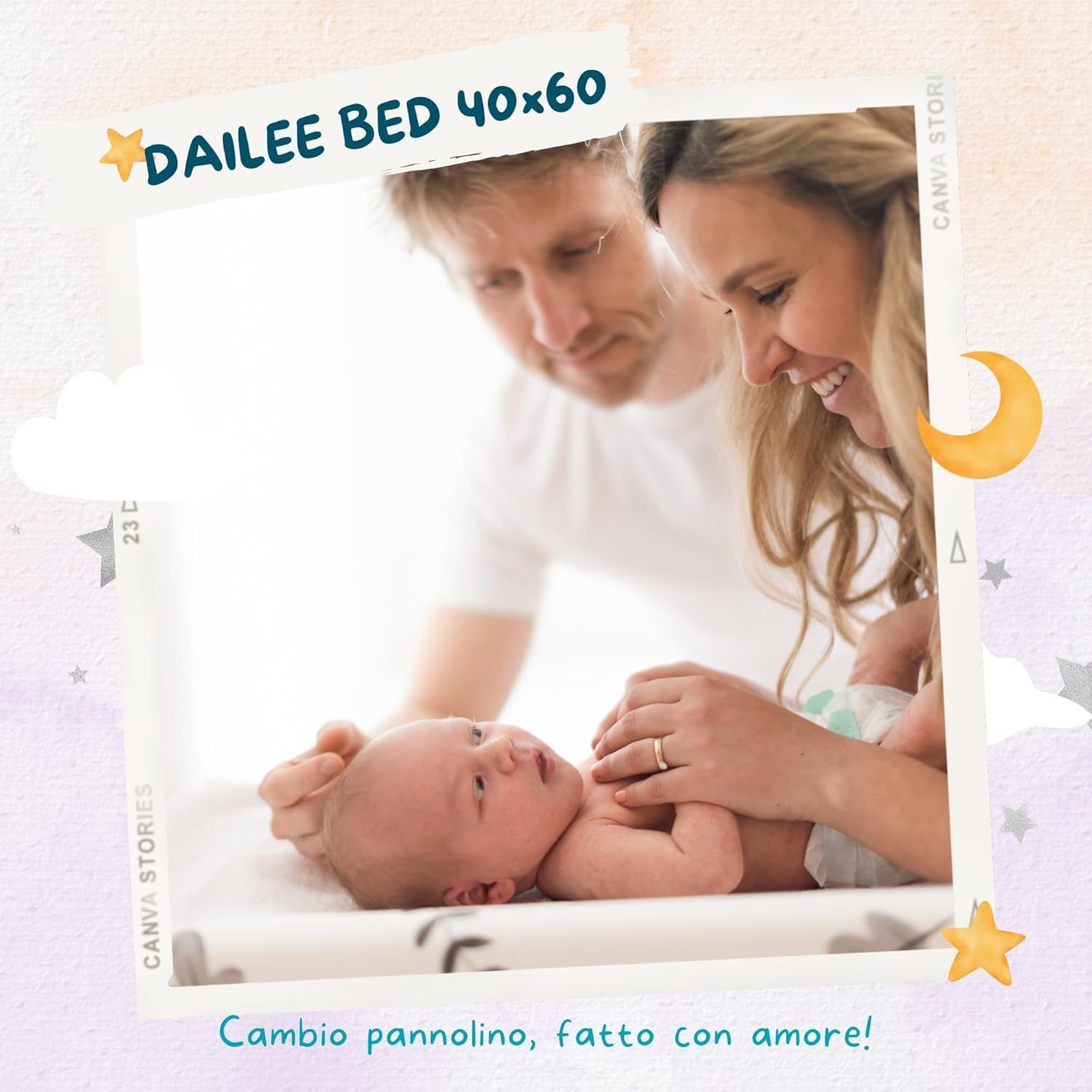 Eltern mit Baby. Baby liegt auf einer Dailee Bed-Unterlage. Text: „Windel wechseln, mit Liebe gemacht!“