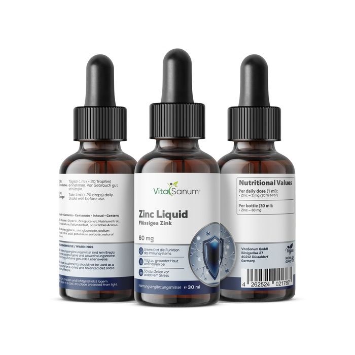 Drei VitaSanum Zink Liquid Flaschen. Braunglas mit Pipette. Zink für Immunsystem und Haut. 30 ml.