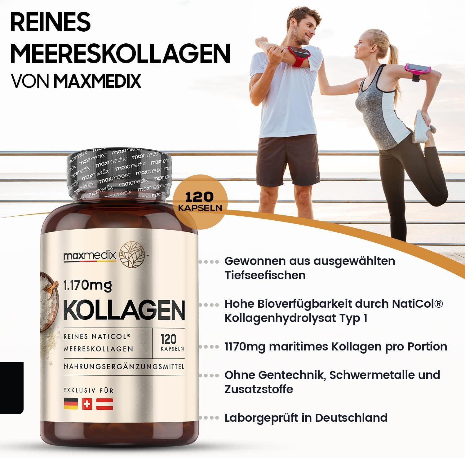 Braune Flasche mit maxmedix Kollagen Kapseln, 120 Kapseln. Text: 1.170mg Kollagen. Hintergrund mit Sportlern und Text.