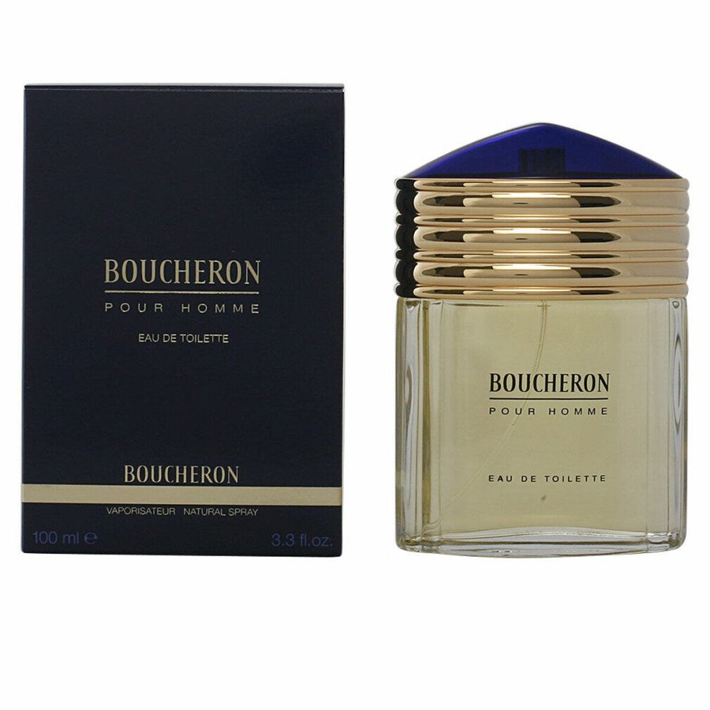Boucheron Pour Homme Eau de Toilette Spray. Flakon und Verpackung. Blau-goldene Kappe. Rechteckiger Flakon mit Schriftzug.